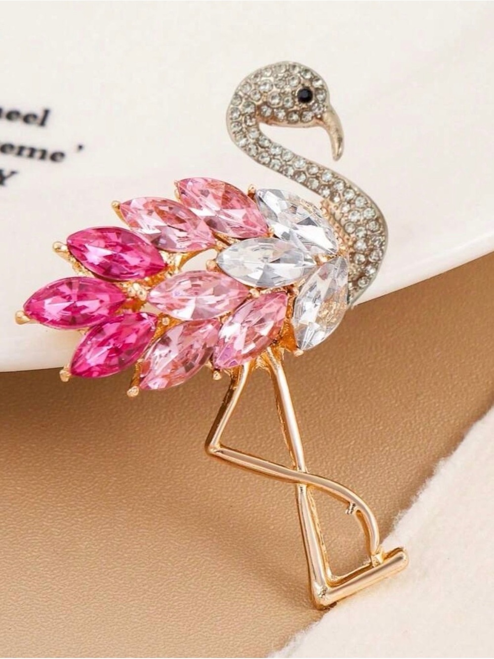 Pink and Clear Crystal Flamingo Brooch - Gold Tone